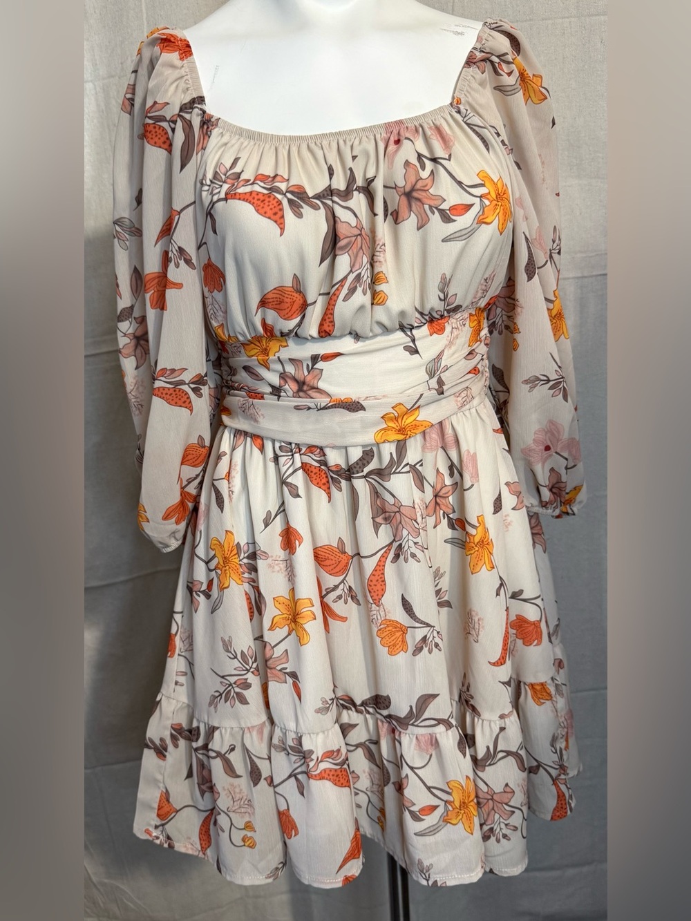Floral Square-Neck Mini Dress in Cream and Orange PTP 20
